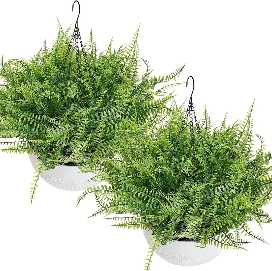 Set of 2 Artificial Hanging Ferns for Outdoors, Pre-Made Hanging Ferns for Outdoors Faux Greenery Plant Large Look Real Resistant UV Resistant for Indoor Balcony Front Porch Yard Garden Decor