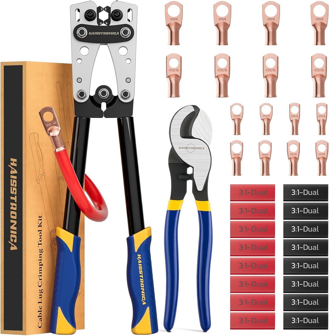 haisstronica Heavy Duty Battery Cable Crimping Tool Kit-Ratchet Hex Extended Handle Crimper for 8,6,4,2,1,1/0 AWG Copper Lugs with Cable Cutter, 32PCS Copper Lugs&Heat Shrink Tubing
