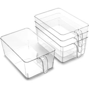 BINO l Plastic Storage Bins l THE HOLDER COLLECTION l 4-Pack, Large Multi-Use Clear Containers for Organizing with Built-in Handles l Pantry Organization & Storage l Kitchen Organizer l Storage Bins