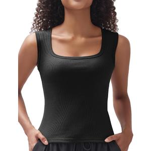 Women's Square Neck Ribbed Tank Tops Sleeveless Shirts Casual Basic Tanks Slim Fitted Workout Tops Black M