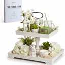 Rustic Wooden 2 Tiered Tray Stand, Farmhouse Tiered Serving Tray Decor, Rectangle Wood Display Stands for Food Fruits Cupcake and Seasonal Festive Decorations (White)