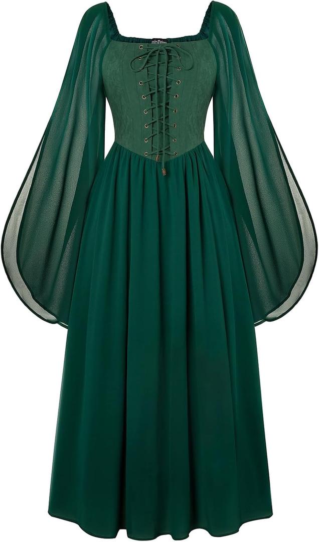 Scarlet Darkness Renaissance Costume Women Pirate Dresses Split Bell Sleeve Medieval Ren Faire Dress with Pockets (Green, S)