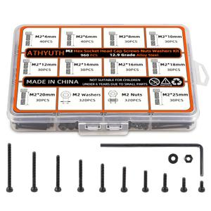 M2 Metric Hex Socket Head Cap Screws Assortment Kit, 960PCS, Black Alloy Steel, M2 Thread, Hex Head, Suitable for 3D Printers, Electronics, Furniture Repair, Mechanical Maintenance, Automotive