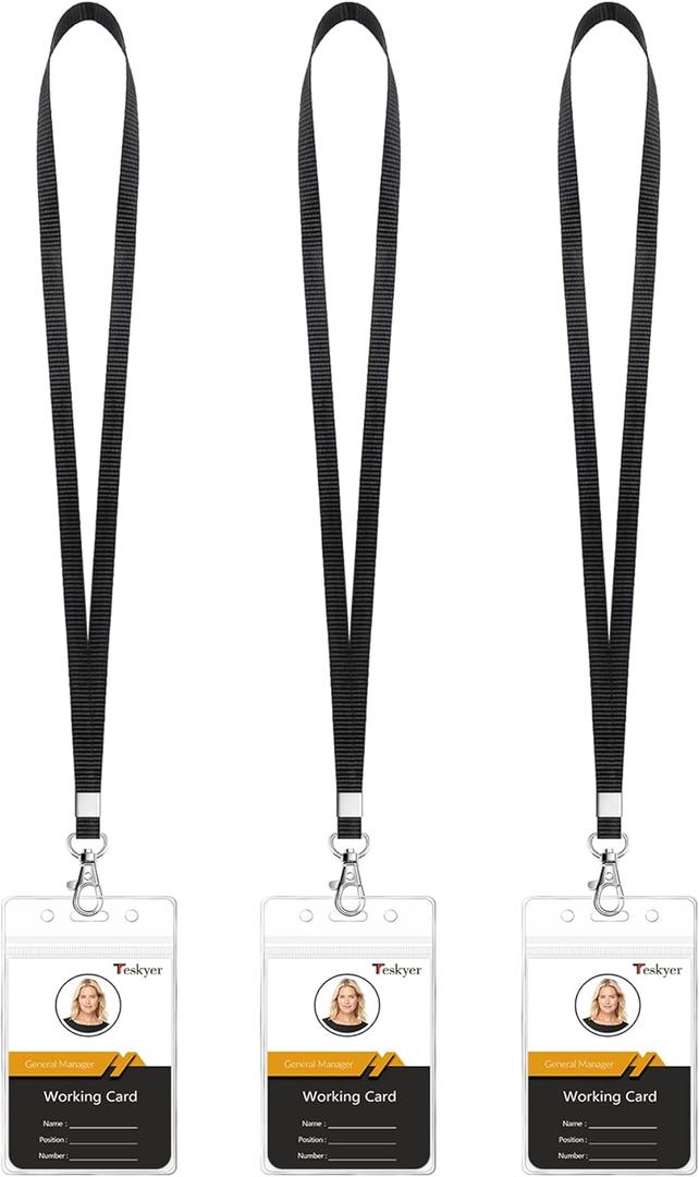 Teskyer Lanyards for ID Badges, 3 Pack of Lanyard with Clear Plastic ID Badge Holder for Office School Work IDs, Cruise Ship Cards (Black)