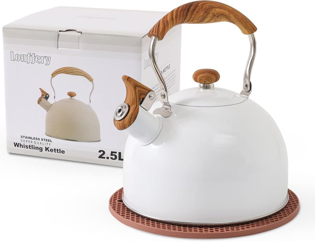 LONFFERY Tea Kettle, 2.5 Quart Whistling Tea Kettle, Tea Pots for Stove Top Food Grade Stainless Steel with Wood Pattern Folding Handle - White