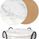 8 Inch Trivets for Hot Dishes, Pots and Pans, Marble Style Ceramic Trivet with Holder, Heat Resistant Hot Plate Mats for Countertops, Table, Home Essentials, Farmhouse Decor, Set of 3 (Blue)