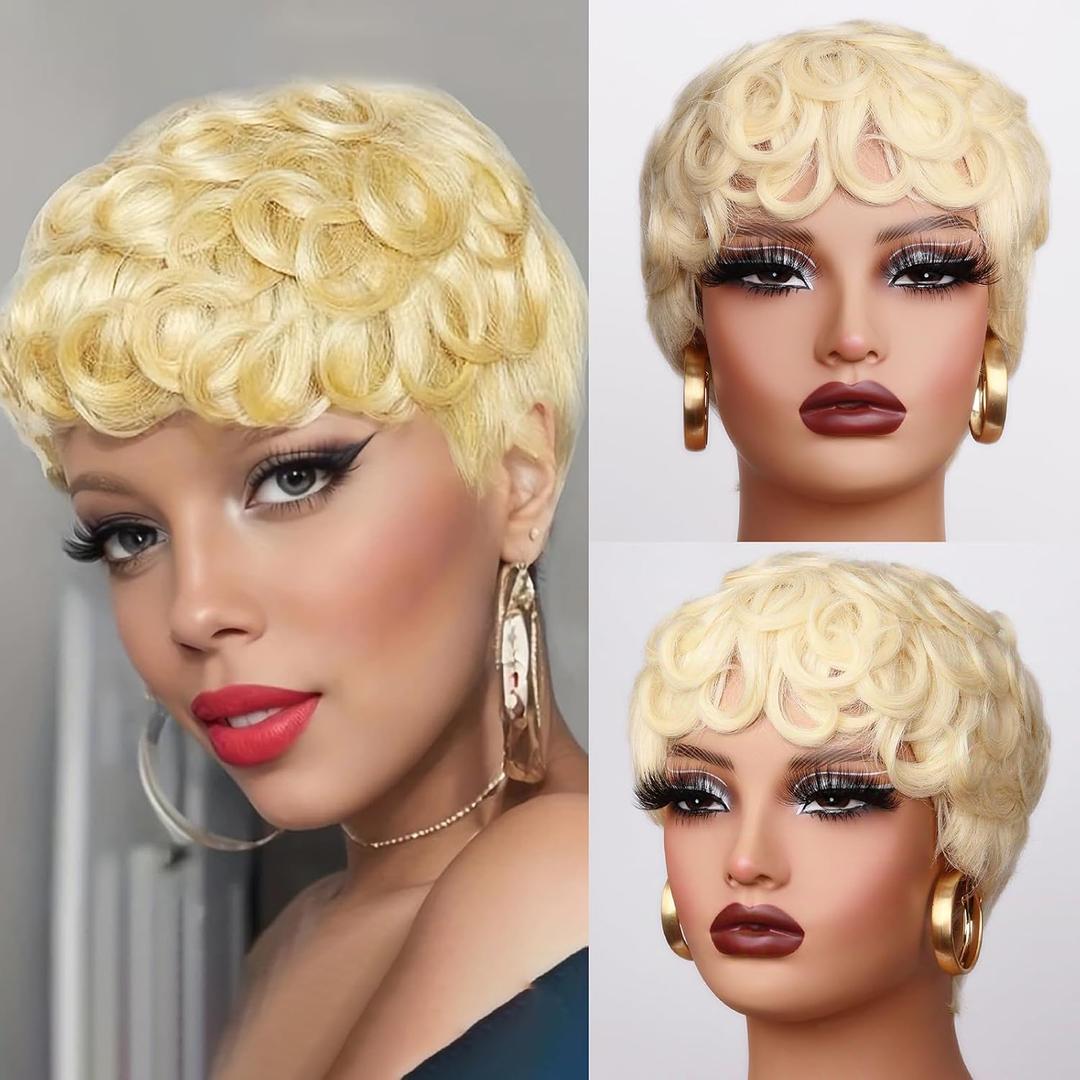 613 Blonde Curly Pixie Cut Wigs 100% Human Hair for Women, Honey Blonde 613 Short Curly Deep Wave Human Hair Wig Fashion Curly Wavy Pixie Cut Glueless Wig Daily Wear Cosplay Party Wigs With Bangs