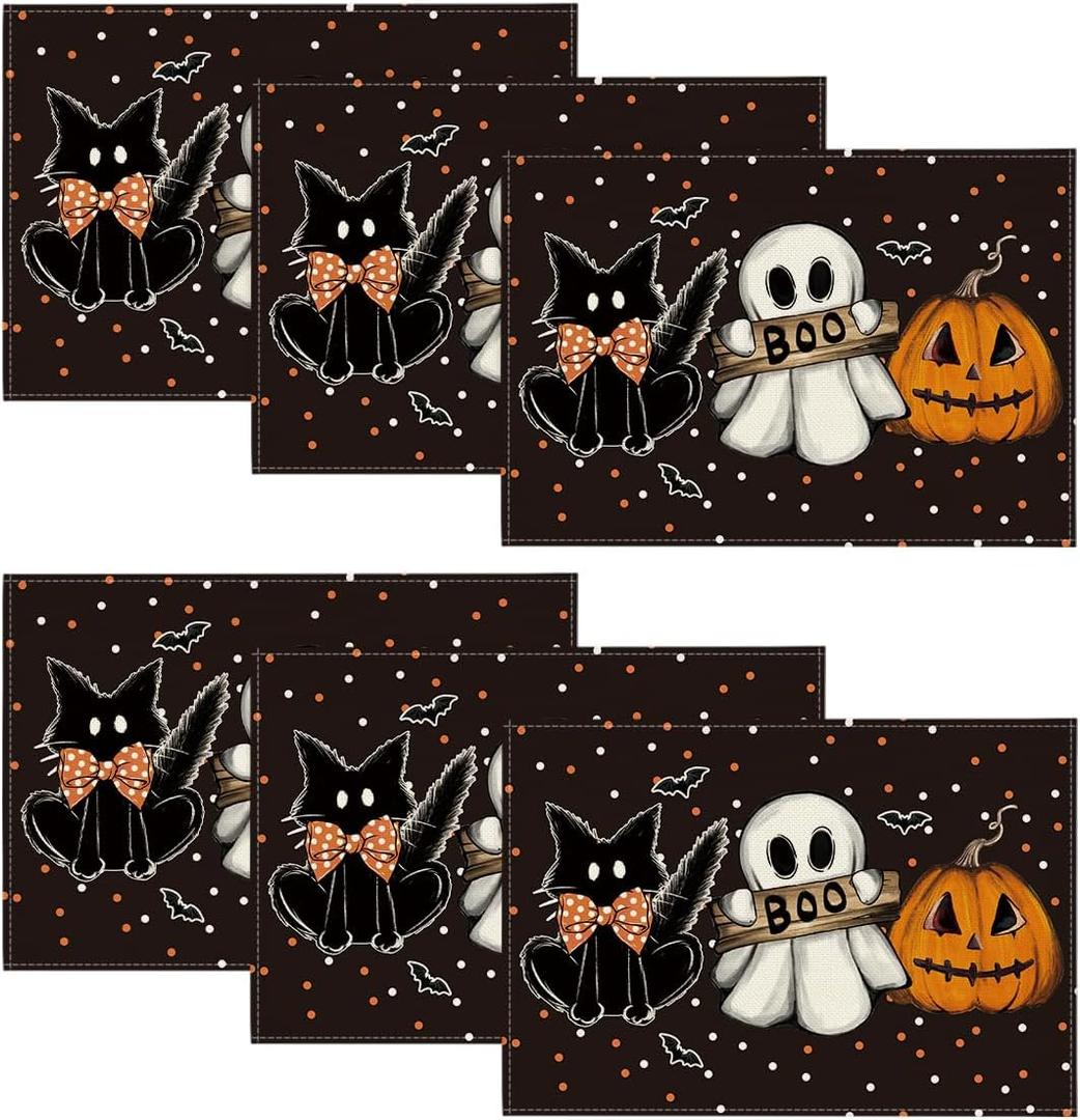 Artoid Mode Polka Dot Ghost Pumpkin Cat Boo Halloween Placemats Set of 6, 12x18 Inch Seasonal Fall Table Mats for Party Kitchen Dining Decoration (Black)