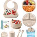 ECLIP Silicone Baby Feeding Set,10 Pcs Baby Led Weaning Supplies Baby Eating Essentials Set with Suction Bowl Divided Plate Adjustable Bib Soft Spoon Fork Cup with Lid Drinking Cup, Travel Bag (Beige)