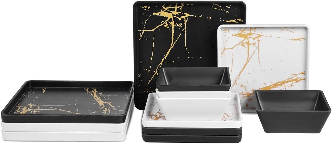 Square Melamine Dinnerware Sets of 12 Pcs,Square Plates and Bowls Sets,Unbreakable Dish Set for 4,Lightweight, Dishwasher Safe and BPA Free,Suit for RV,Camping Black and White