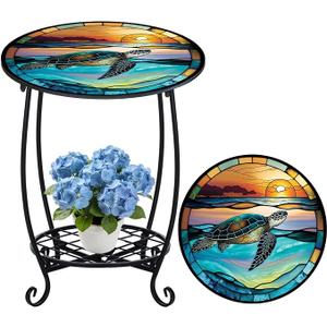 Cinnvoice Outdoor Side Table Round Small Mosaic Patio Accent Indoor End Plant Coffee Tea Table for Yard Patio Porch Garden Living Room, Bedroom(Turtle Style,18 Inch)