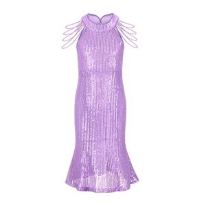 Girls Sequin Dress Halter Neck Hand-Beaded Tassel Elegant Wedding Party Maxi Dresses, Purple, 6-7Y