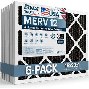 BNX TruFilter 16x20x1 MERV 12 Odor Defense (6-Pack) AC Furnace Air Filter with Activated Carbon - MADE IN USA - Pleated Air Conditioner HVAC AC Furnace Filters - Removes Odor, Mold, Bacteria, Smoke