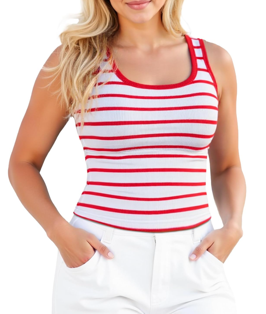 Womens Striped Shirt Sleeveless Square Neck Ribbed Tank Tops Cropped Slim Fit Stripes Tshirt Crop Tee (Medium)