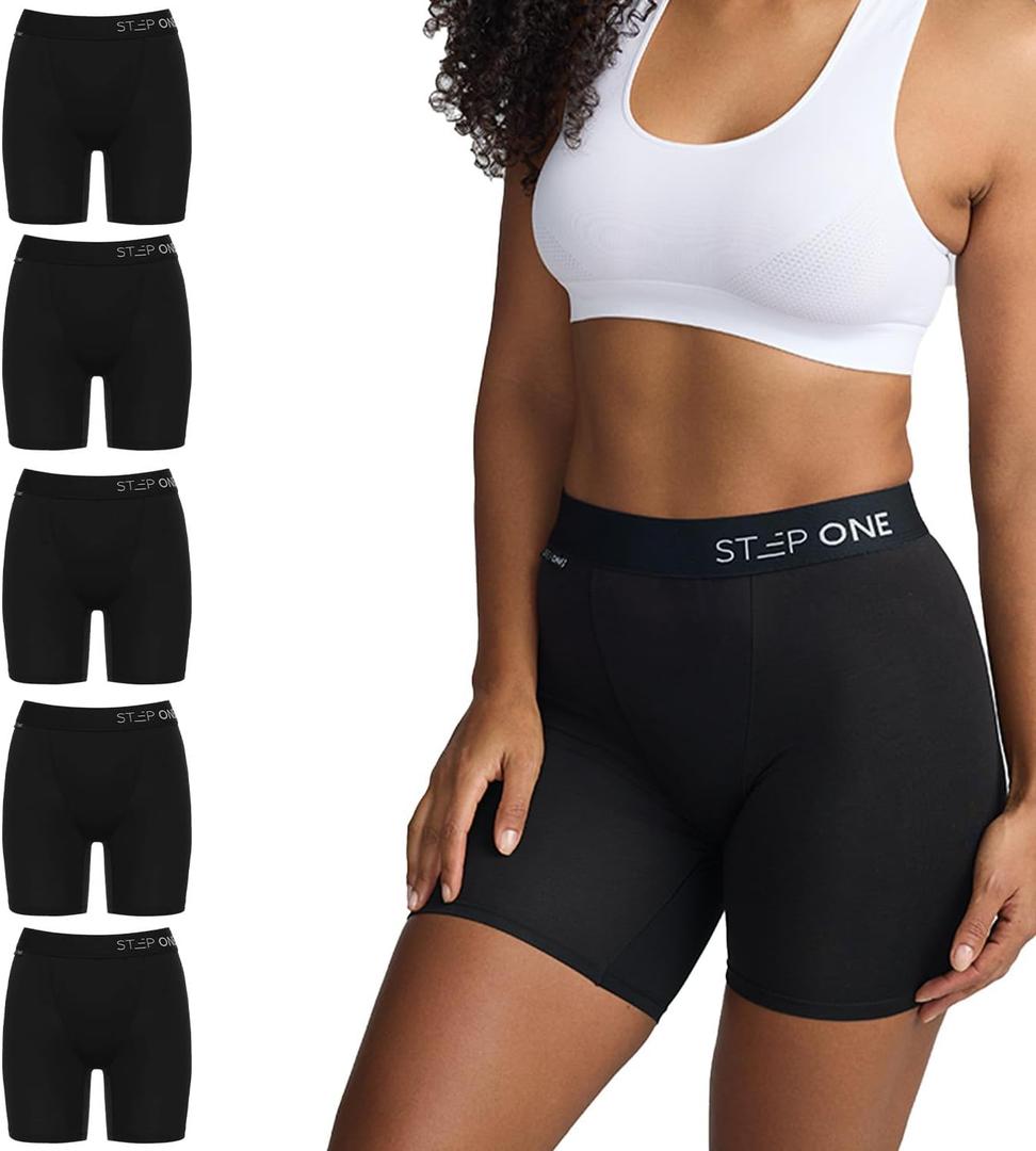 STEP ONE Womens Boxers Underwear, 5-Pack, Viscose from Bamboo Womens Underwear, Moisture-Wicking, Anti-Chafing Boxers (Large, Black)
