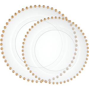 PLASTICPRO 32 Piece Combo Plastic Dinner Plates Disposable Plastic Fancy Heavy Duty Party Dishes 7 inch and 10 inch, Clear and Gold Beaded