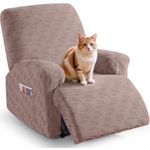 TAOCOCO Recliner Cover 3 Pieces Recliner Chair Covers, Stretch Jacquard Reclining Chair Cover, Furniture Protector Sofa Slipcovers Couch Covers with Elastic Bottom for Kids, Pets (Khaki) (1 Seater)