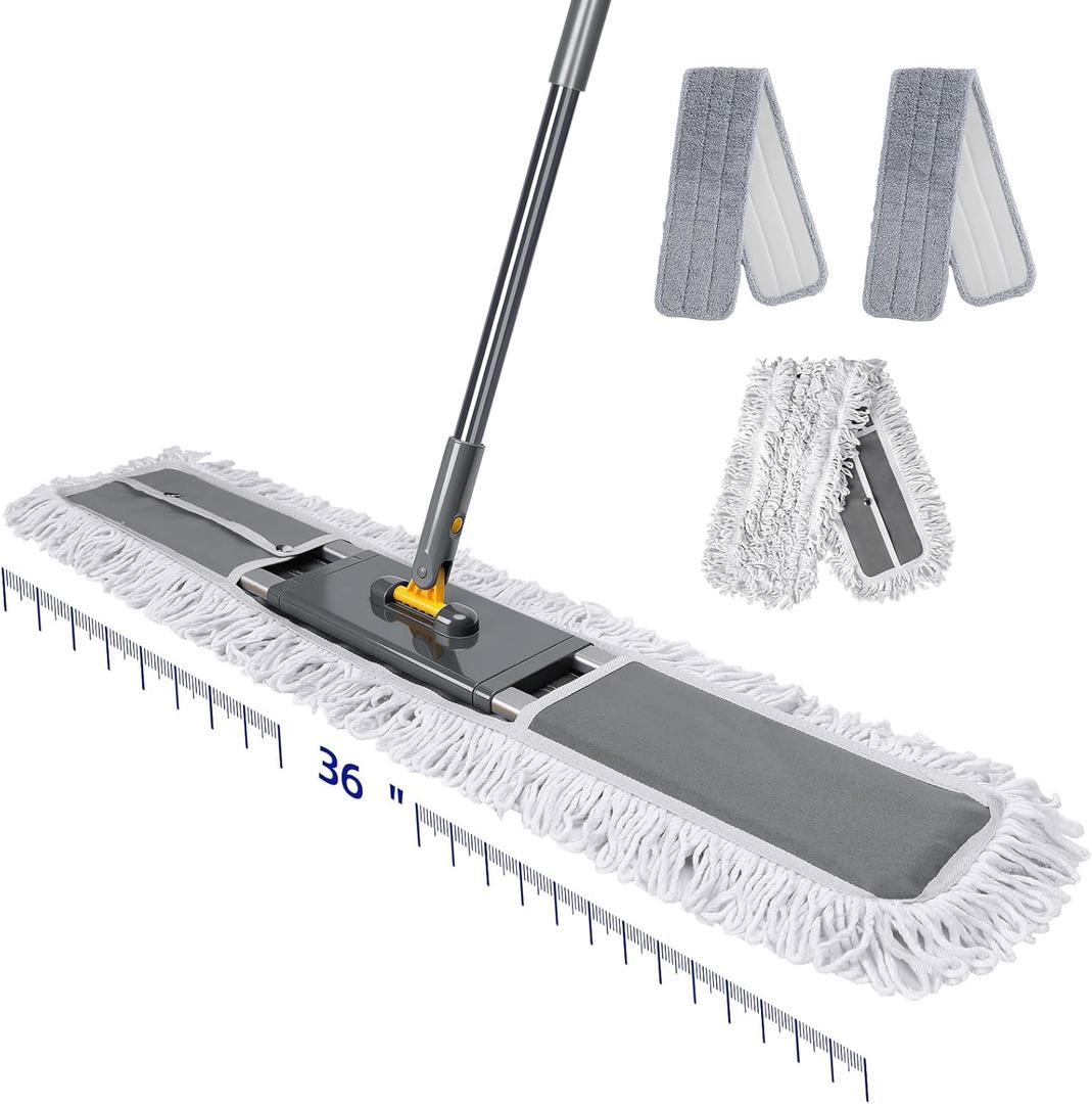 36" Commercial Dust Mops for Floor Cleaning, Masthome Professional Industrial Mop with 3 Pads, Heavy Duty Commercial Mop with 62'' Long Handle,Large Floor Mops for Office Garage Warehouse Factory Mall, Gray