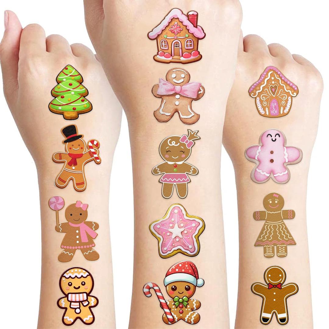 96 PCS Funny Gingerbread Pre-cut Temporary Tattoos Birthday Gingerbread Man Christmas Party Decorations Supplies Favors Boys Girl Cute Fake School Reward Themed Winter