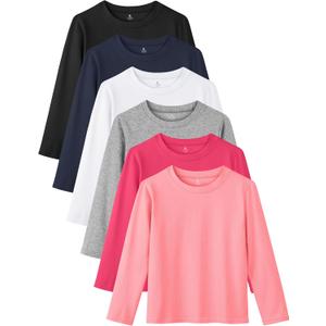Resinta 6 Pack Cotton Girls Long Sleeve Shirts Toddlers Cotton Long Sleeve Tees Basic Crewneck Tops for Girls Daily Wear (5-6 Years, Black, Navy, Light Grey, White, Pink, Hot Pink)