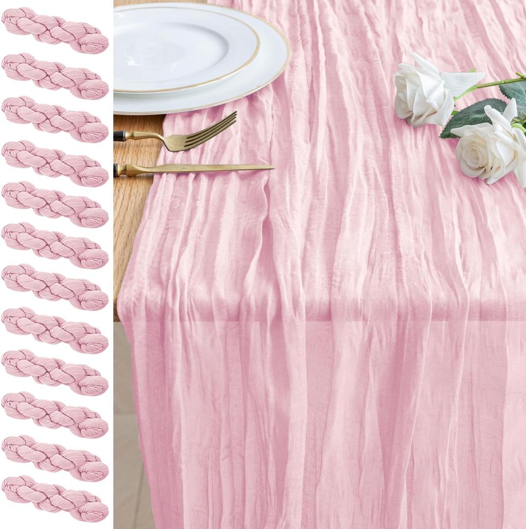 12PCS Table Runner Cheesecloth 10FT Blushing Pink Boho Gauze Cheese Cloth Rustic Sheer Table Runners for Wedding Bridal Baby Shower Party Decoration