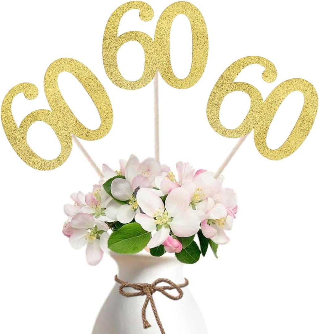 10-Pack Double Sided Glitter 60th Birthday Centerpiece Anniversary Centerpiece Sticks, Number 60 Table Topper Cake Topper for 60th Birthday Anniversary Table Party Decorations (Double Sided gold)