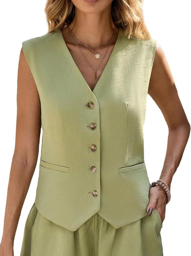 Mina Self Linen Vest Tops For Women Summer Lihtweight Breathable V-Neck Button Fashion Casual Work Beach Vacation Outerwear (Green, XL)