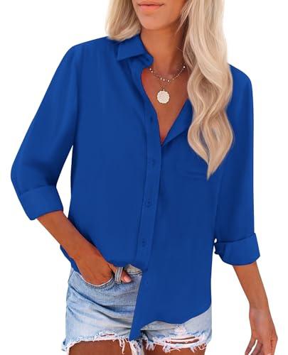 siliteelon Button Down Shirts for Women Dress Shirts Long Sleeve Wrinkle Free Work Office Fitted Blouse Tops with Pocket,  Small, Royal Blue 