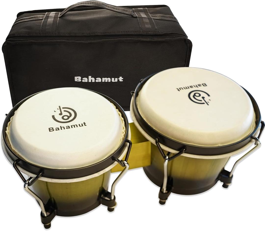 BAHAMUT Bongo Drum Set, 6"+7" Wooden Bongos Gift for Adults & Kids Beginners, Ideal Percussion for Education and Practice, Comes with Tuning Wrench & Waterproof Bag (Green)