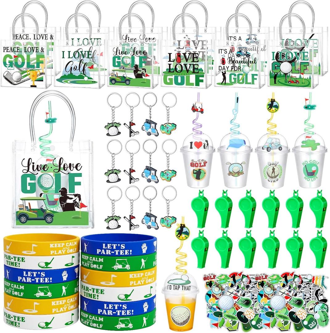 Sweetude 128 Pcs Golf Birthday Favors Set Include Stickers Handbags Straws Straw Lids Keychains Whistle Disposable Cups with Lids and Bands for Golf Themed Party Supplies