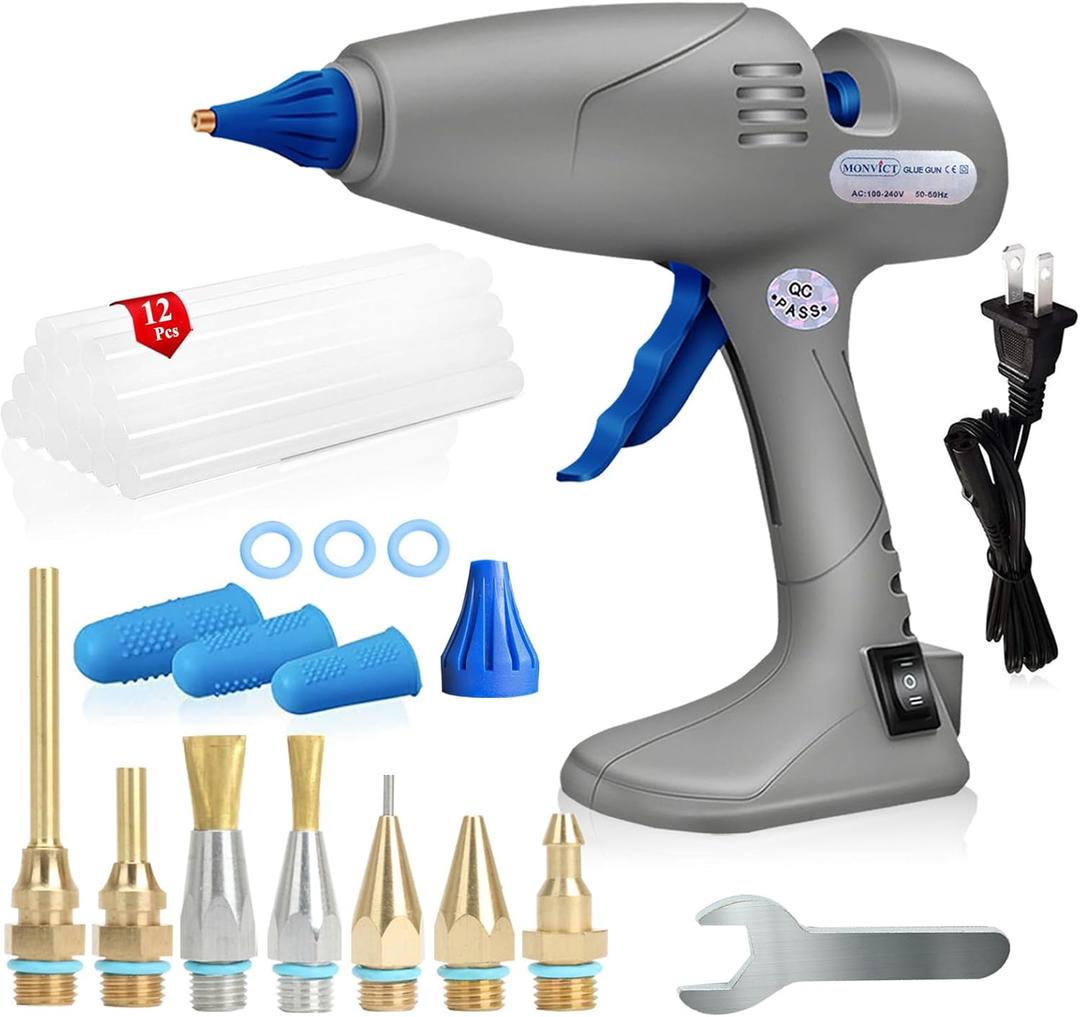 MONVICT Hot Melt Glue Gun with 7 Copper Nozzles, 3 Silicone Finger Covers, 12 Glue Sticks Dual Temperature Switching, Corded Detachable Cord Use Stand-Up Base Anti-drip for Art DIY Craft repair