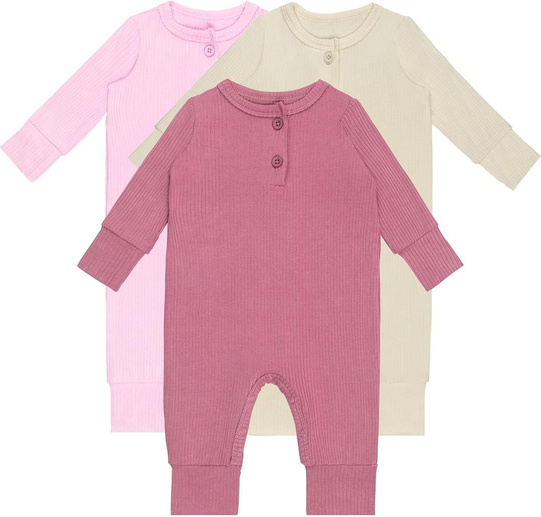 GUISBY Long Sleeve Baby Footless Pajamas with Buttons Cotton Sleepers with Zipper 3-Pack (0-3 Months, Beige-pink-purple)