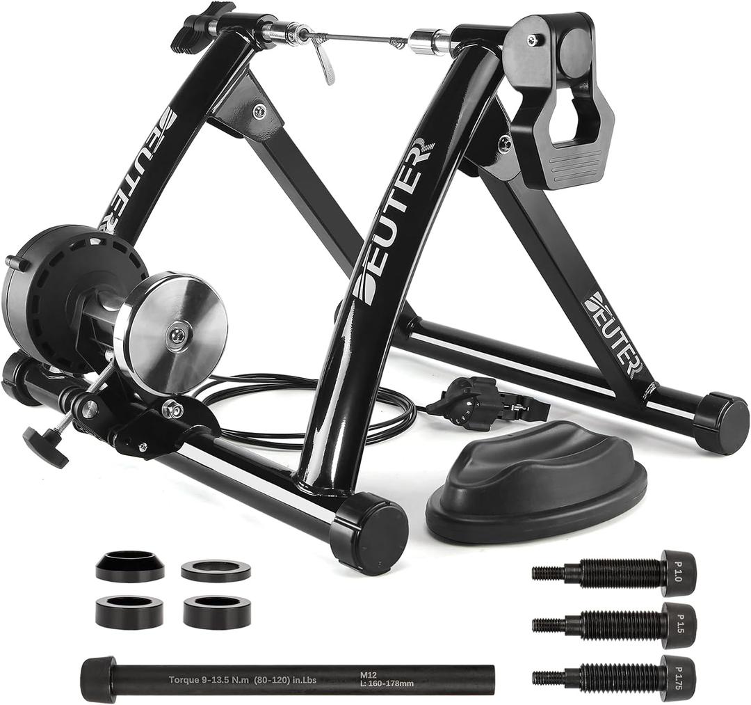 Bike Trainer, Magnetic Bicycle Stationary Stand for Indoor Exercise Riding, 26-29" & 700C Wheels, Quick Release Skewer & Front Wheel Riser Block Included