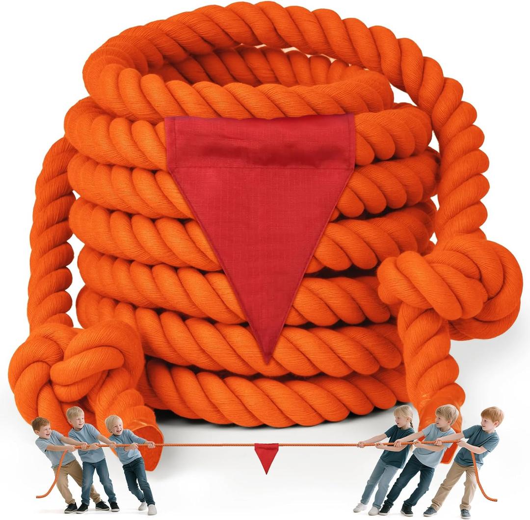 X XBEN Tug of War Rope with Flag for Kids 60FT, Teens and Adults, Soft Cotton Rope Games for Team Building Activities, Family Reunion, Birthday Party Orange