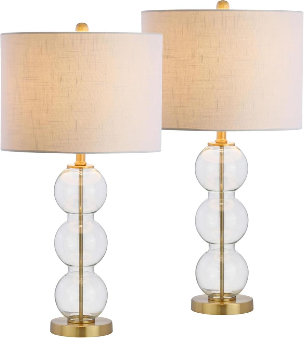 JONATHAN Y 27" Clear/Brass Triple-Sphere Glass Table Lamp Set of 2, Bedside, White Linen Shade, Modern Table Lamps for Living Room, Bedroom, Office, LED Bulbs Included JYL1070A-SET2