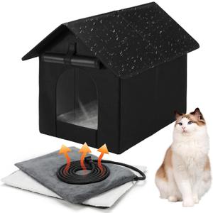 Midollarle Heated Outdoor Cat House Double Door Heater Cats Shelter, Weatherproof Foldable Heat Kitty House with Kitten Heating Pad Bed for Feral Barn Cat Puppy Outside Pets in Winter (13.3"W*16.9"D*16.5"H, Black)
