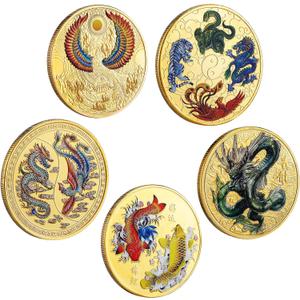 Ecally 5 Pieces Chinese Lucky Coin Ancient Mythical Creatures Charming Ancient Dragon and Phoenix Chinese Coins Animal Commemorative Novelty Metal Specie for Office Fortune Collection Gifts(Classic)