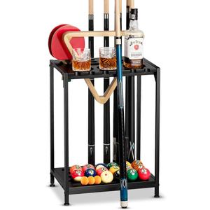 Billiards Pool Stick Holder - Pool Cue Rack Floor Stand & Ping Pong Paddle Holder Hardwood Pool Cue Holder for 12 Cues Sticks Pool Table Accessories Organizer (Black)
