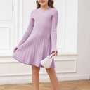 Little Girls Knit Sweater Dress Long Sleeve Ribbed Ruffle Dress Kids Pullover Dresses (10-12 Years, 01 Purple)