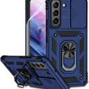 for Samsung Galaxy S22 Case with Camera Lens Cover HD Screen Protector, Dual Layer Military-Grade Drop Tested Magnetic Ring Holder Kickstand Protective Phone Case for Samsung Galaxy S22 5G (Navy Blue)