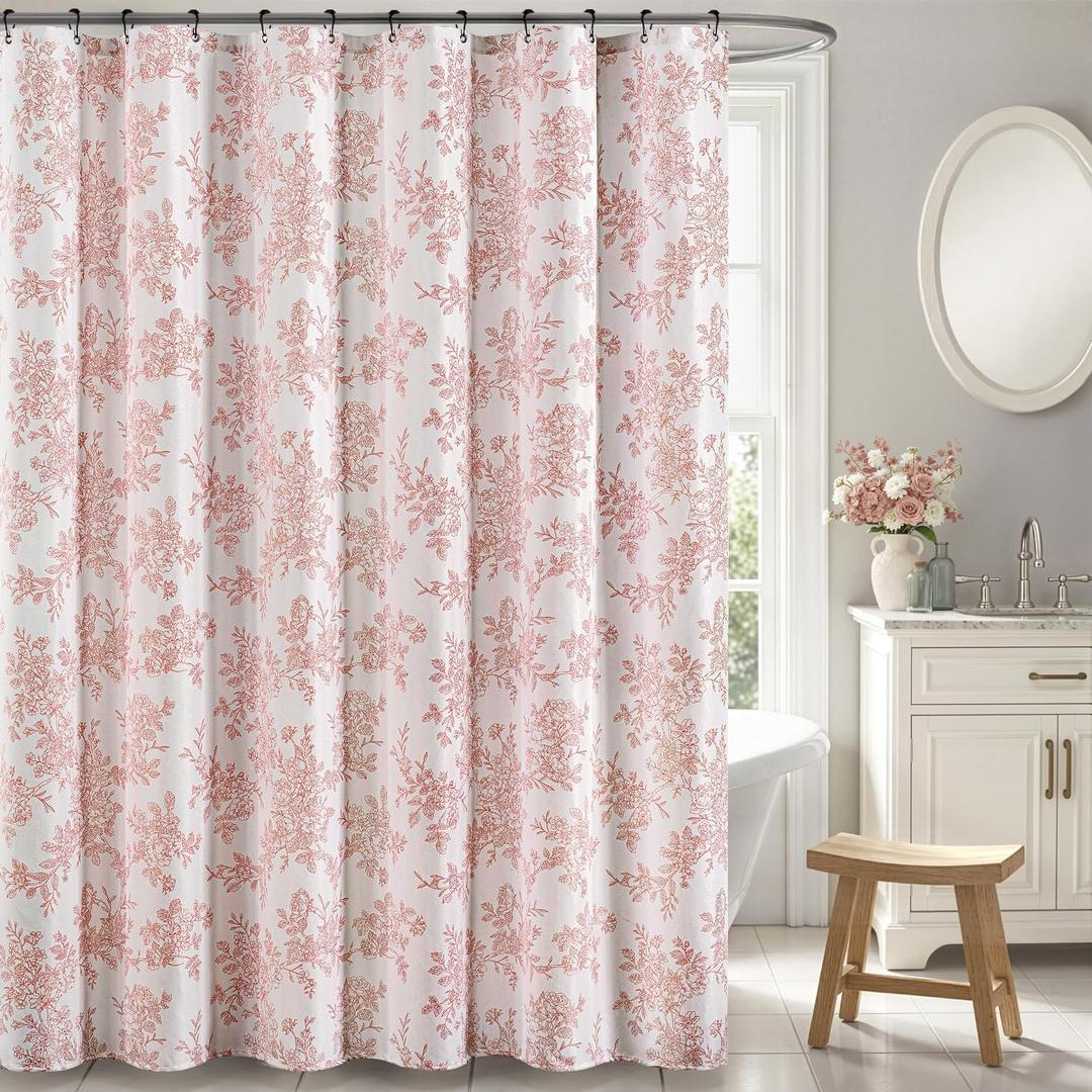 Pink Floral Shower Curtain, Linen Textured Fabric with 12 Rustproof Metal Hooks, Wrinkle Resistant Cloth Machine Washable Bathroom Decor for Cottagecore Spring Style, W72* L72