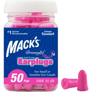 Mack's Dreamgirl Soft Foam Earplugs, 50 Pair, Pink - 30dB NRR, 33dB SNR - Small Ear Plugs for Sleeping, Snoring, Studying, Loud Events, Traveling & Concerts
