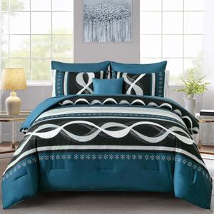 Anibedding Comforter Set Queen Size, 8 Piece Teal Boho Bed in a Bag, Striped Patchwork Comforter Bedding Set for All Season(90"90")