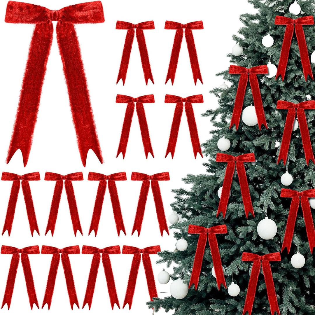 Riceshoot 12 Pcs Red Velvet Bows Valentine Ornaments 11'' x 6.3'' Pre Tied Handmade Fringe Velvet Ribbon Vintage Raw Edge Bows for Tree Crafts Gift Door Garland Home Wedding Holiday Decor