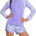 Teen Girls Tankini Swimsuit Long Sleeve Printed Two-Piece Swimwear Summer Bathing Suit (15-16 Years, Purple)
