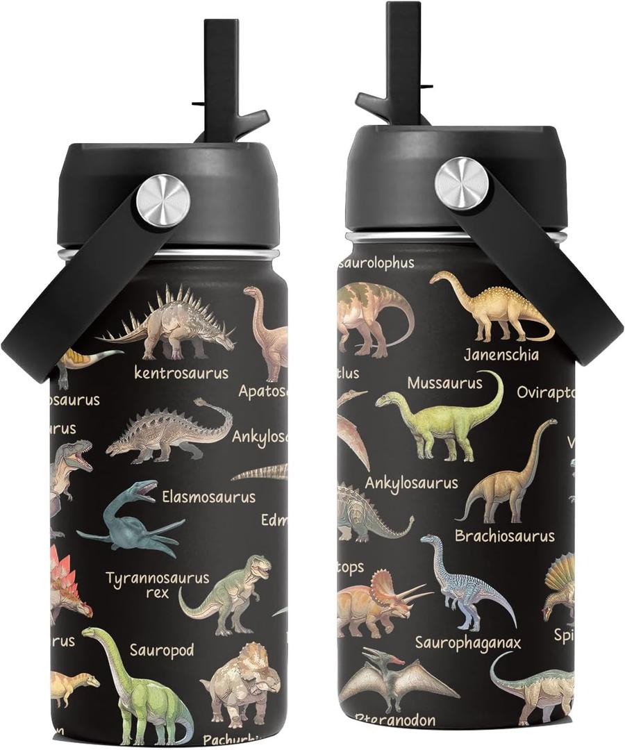 Dinosaur Gifts, 16 oz Water Bottle with Straw Lid, Stainless Steel Insulated Water Bottle for Travel Outdoor, Dinosaur Cup for Dinosaur Lovers