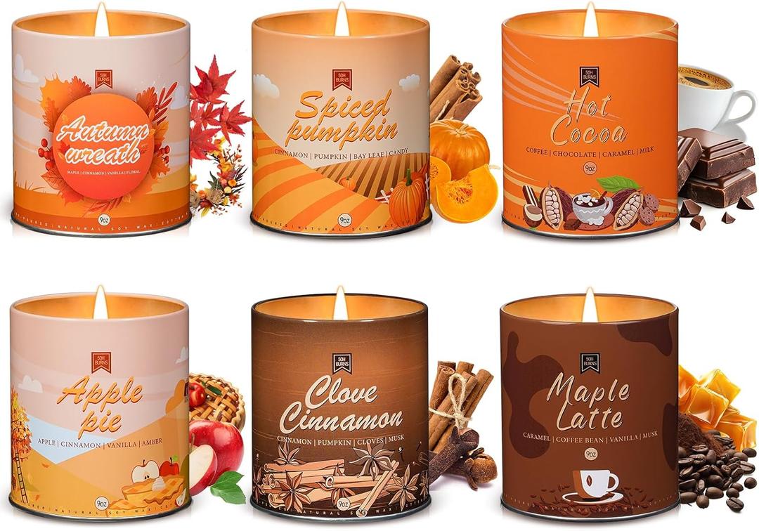 6Pack/54oz Non-Toxic Scented Candle Set, Fall Winter Candles, Decorative Holiday Candles for Women Men, 9oz Apple/Cinnamon/Pumpkin/Vinilla/Cocoa/Maple Soy Christmas Scented Candle for Holiday Gifts