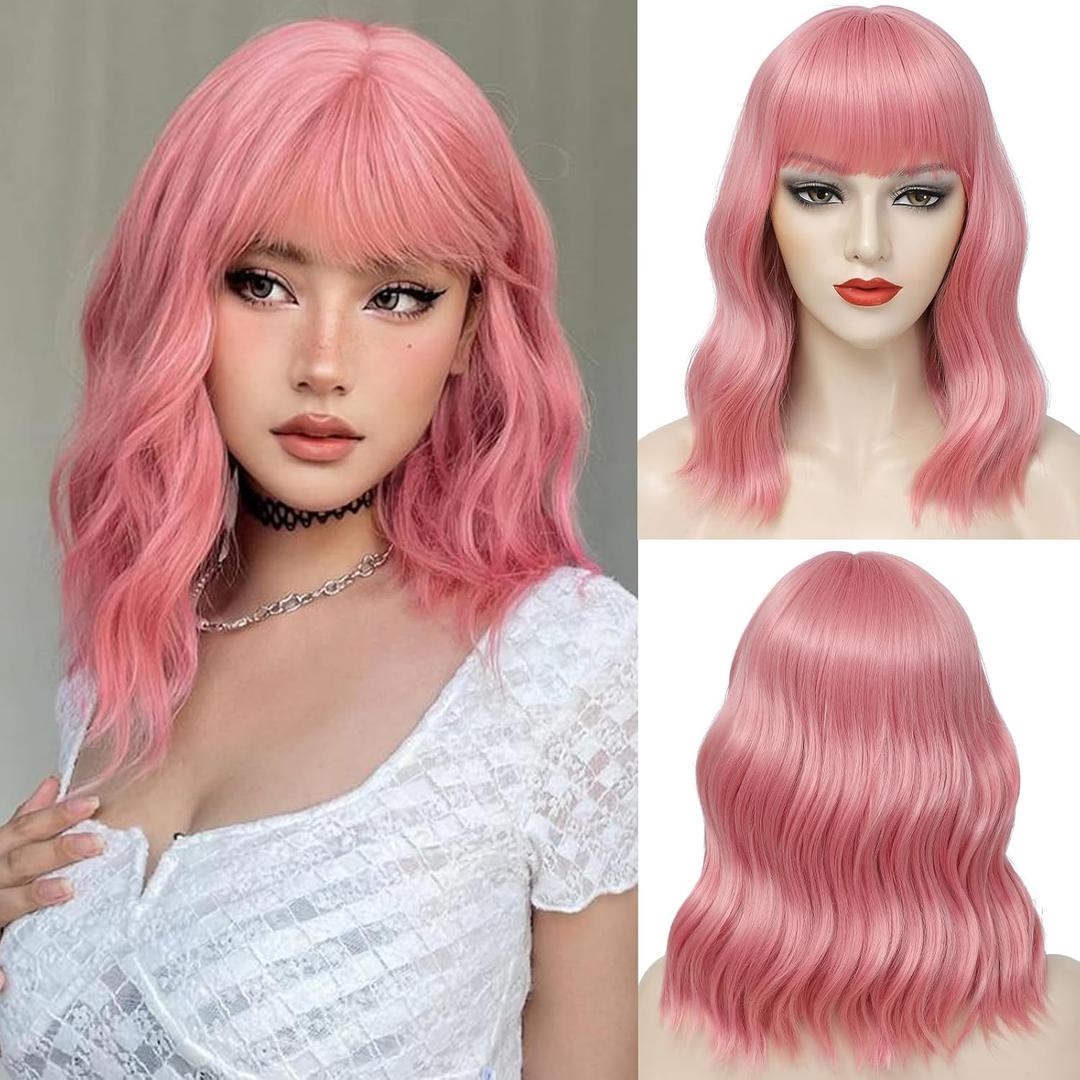 Pink Bob Wig with Bangs for Women Pastel Short Bob Wig Light Pink Loose Wavy Shoulder Length Synthetic Colorful Halloween Costume Wigs for Girl Daily Use