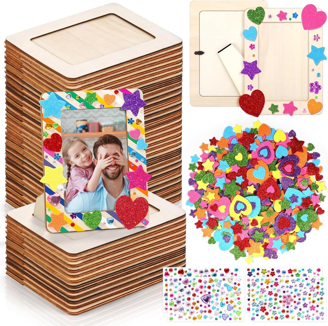 Aneco 48 Packs Picture Frame Painting Craft Kit for 4 x 6 Inch Photo DIY Unfinished Wooden Photo Frames with Diamond and Foam Stickers for DIY Crafts, Paint and Decorate