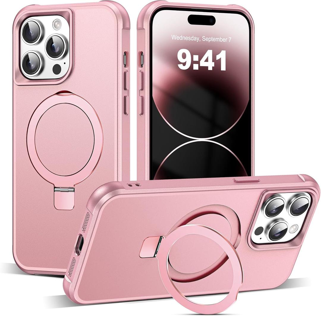 TIANLI Designed for iPhone 14 Pro Case with Magnetic Invisible Ring Stand [Compatible with Mag-Safe] [Military Drop Protection] Shockproof Anti-Slip Cover for Women,Rose Gold
